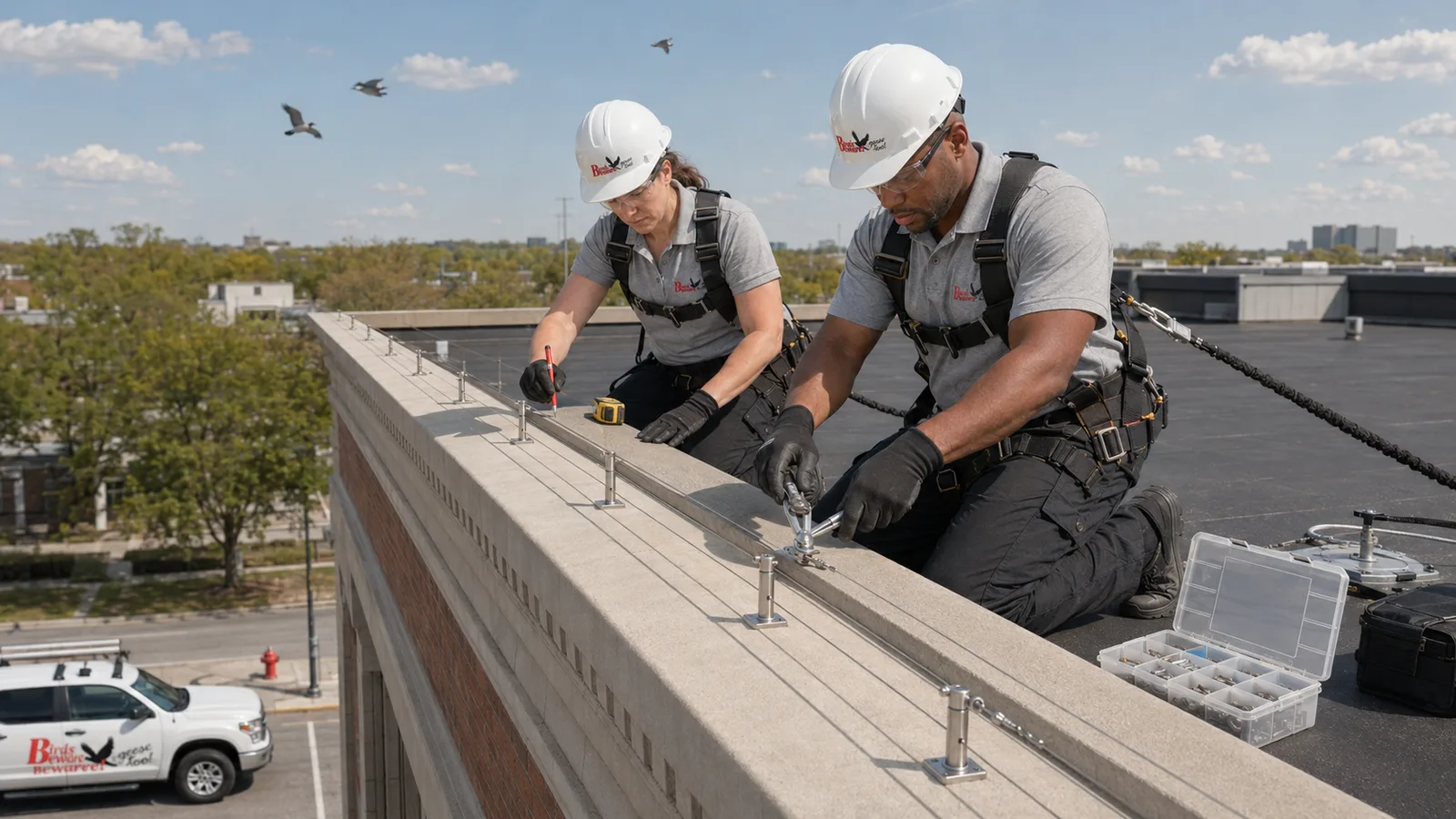 Bird control technician installing humane deterrents on a commercial building