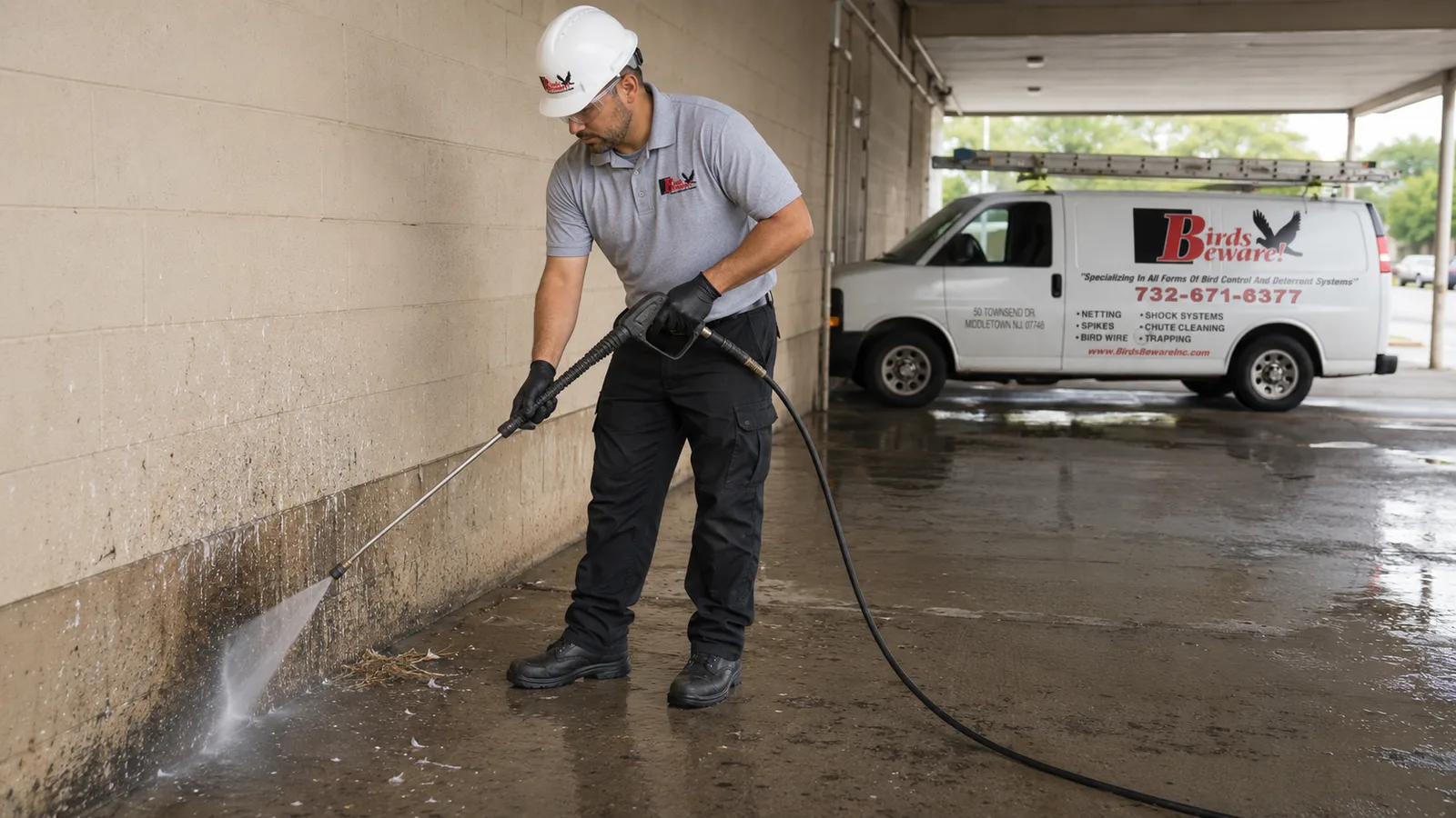 Crew performing high-pressure bird dropping cleanup on a building exterior