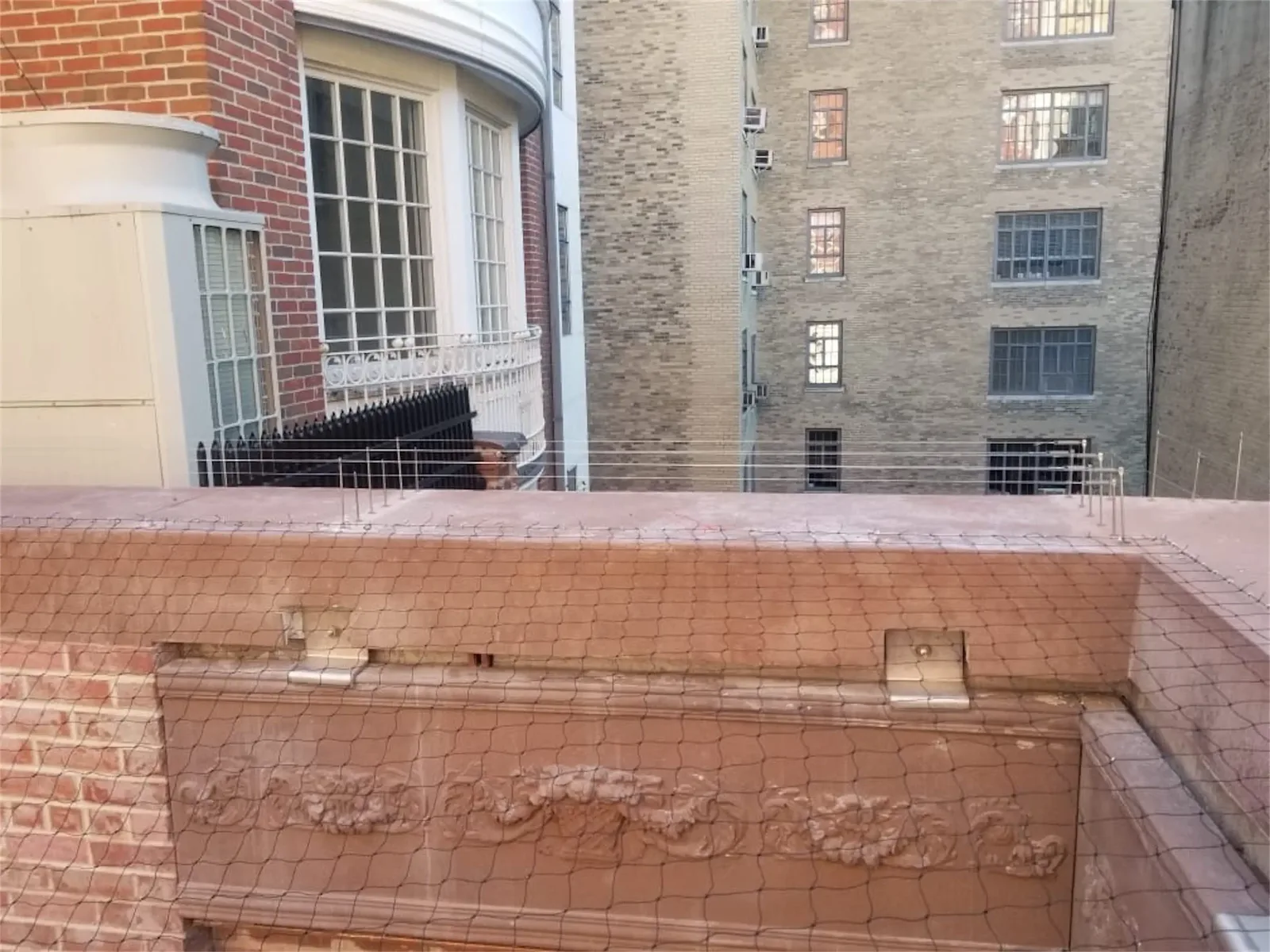 Low-profile tensioned bird wire installed on a parapet ledge