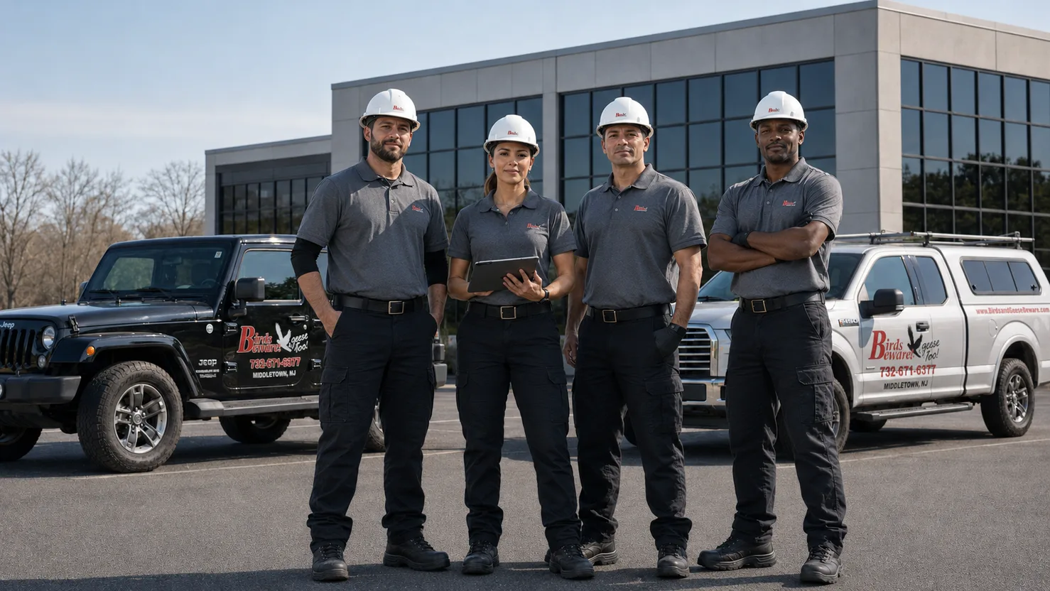 Birds and Geese Beware technicians with branded service trucks.