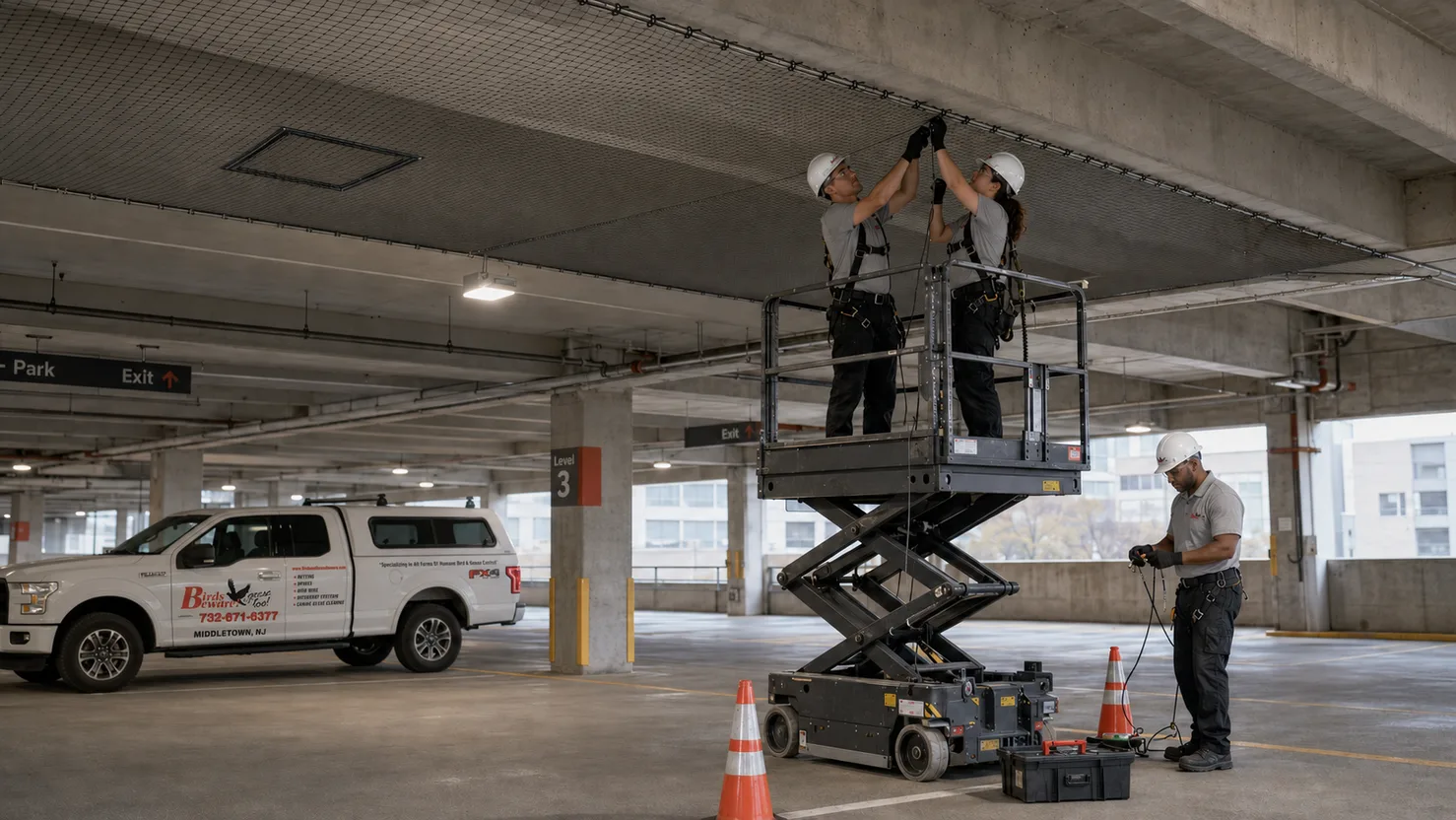 Bird netting installed across a parking garage ceiling.